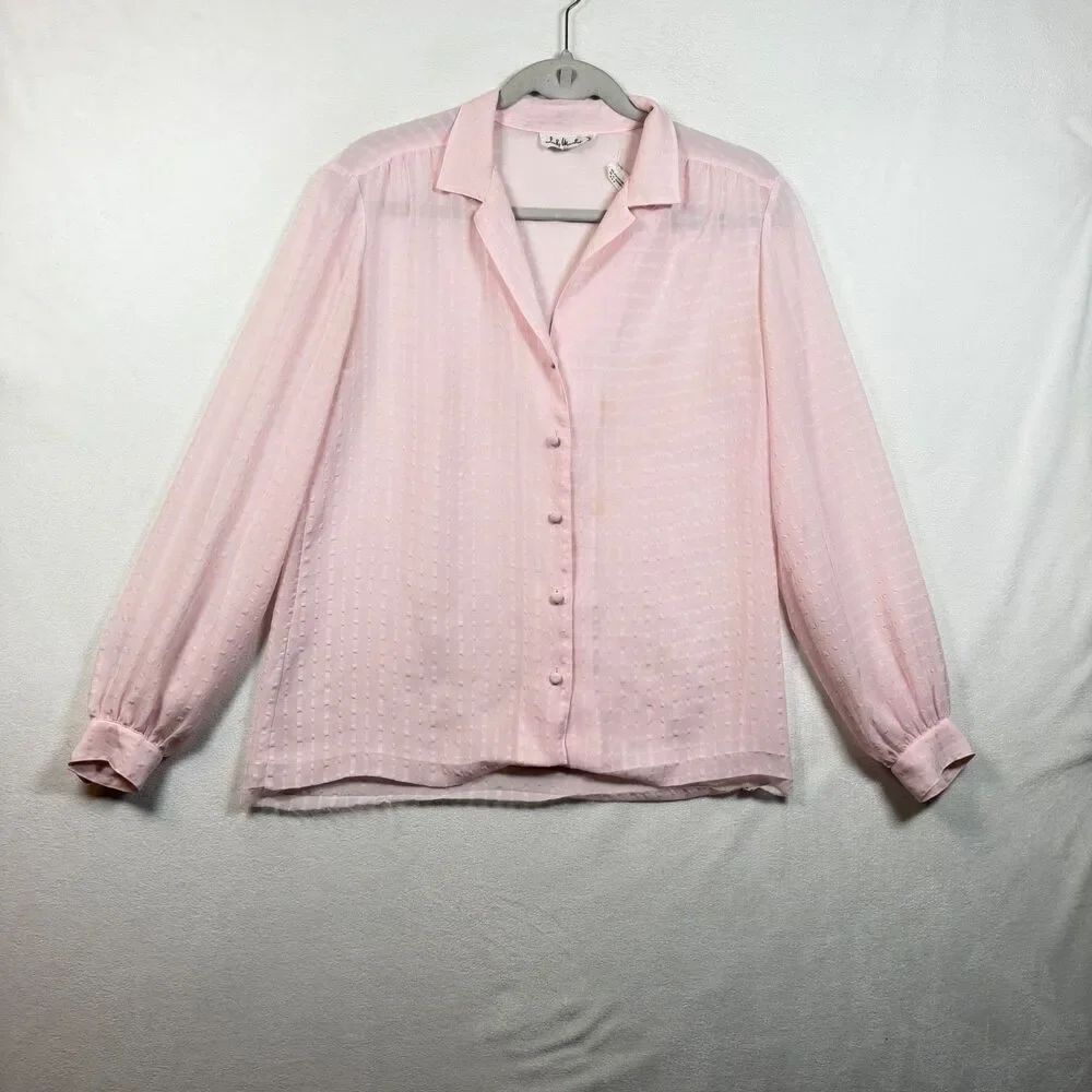 Vintage Lady Manhattan Pink Textured Sheer Blouse 12 Taiwan Covered Buttons